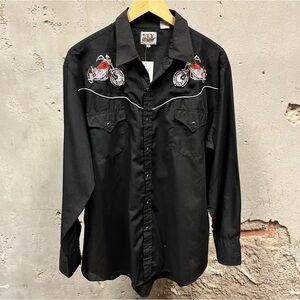 Ely Cattleman Black Embroidered Motorcycle Biker Pearl Snap Button Down Shirt XL